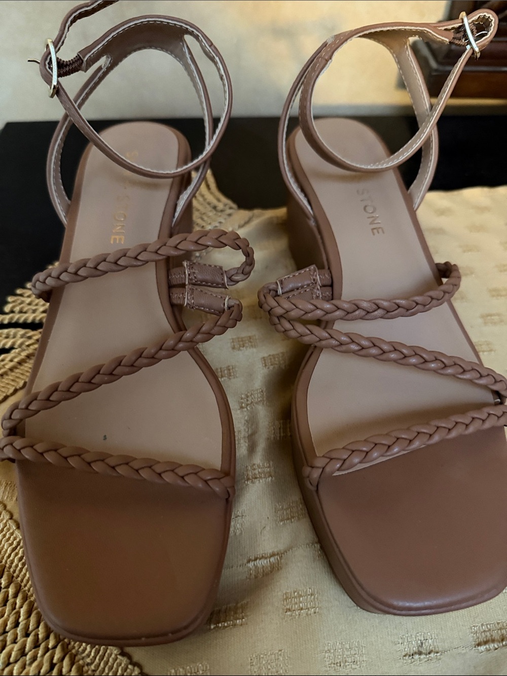 Sun + Stone Braided Strap Ankle-Wrap Sandals in Brown